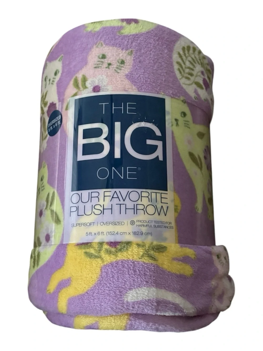 The Big One Plush Throw Blanket - Lavender with Yellow & Cream Cat Print